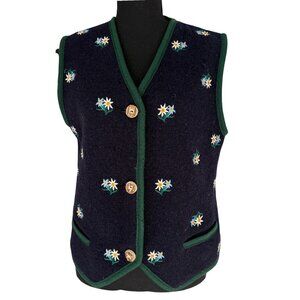 Vintage 80s SONNWEND Exklusiv Pfister Austrian Edelweiss Wool Vest Blue S/M